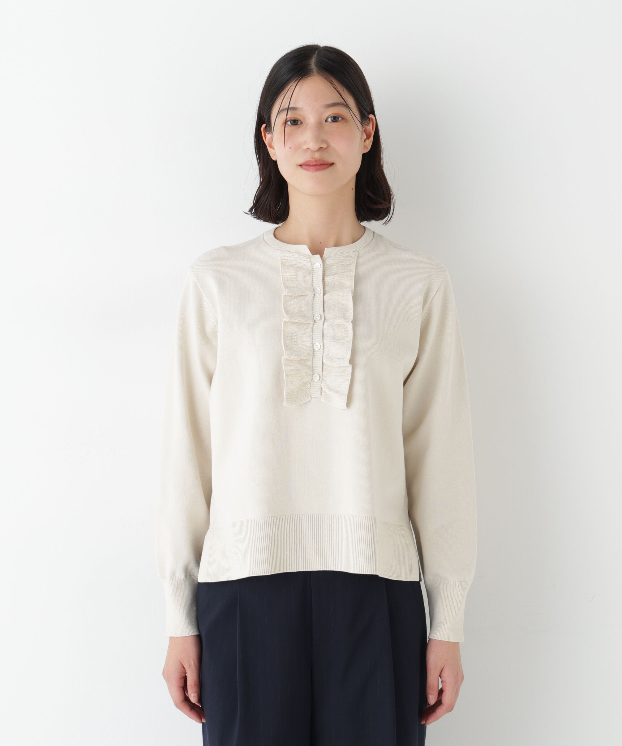  「◆オーガニックコットン混プレーティング前立フリルプルオーバー」|ニット・セーター|
