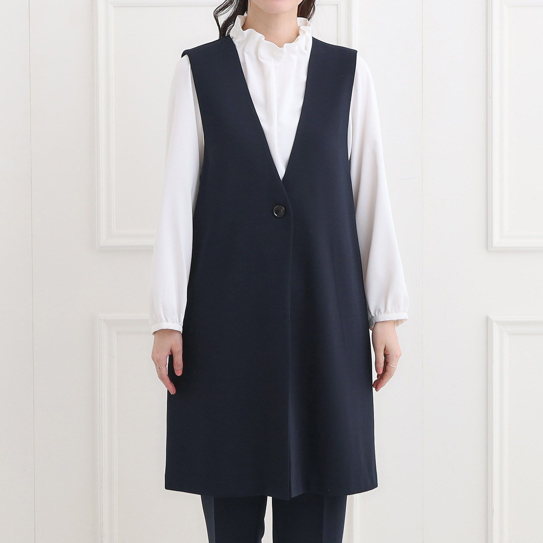 SHOO･LA･RUE「【洗濯機可/セットアップ可/S-3L】きちんと楽に。カットジョーゼット ロングジレ」|ベスト・ジレ|