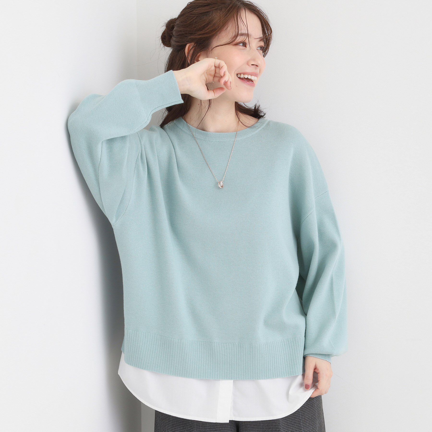 SHOO･LA･RUE「【洗濯機可/毛玉になりにくい】一枚で簡単こなれ見え 裾フェイクレイヤード風ニット」|ニット・セーター|ミントグリーン(02
