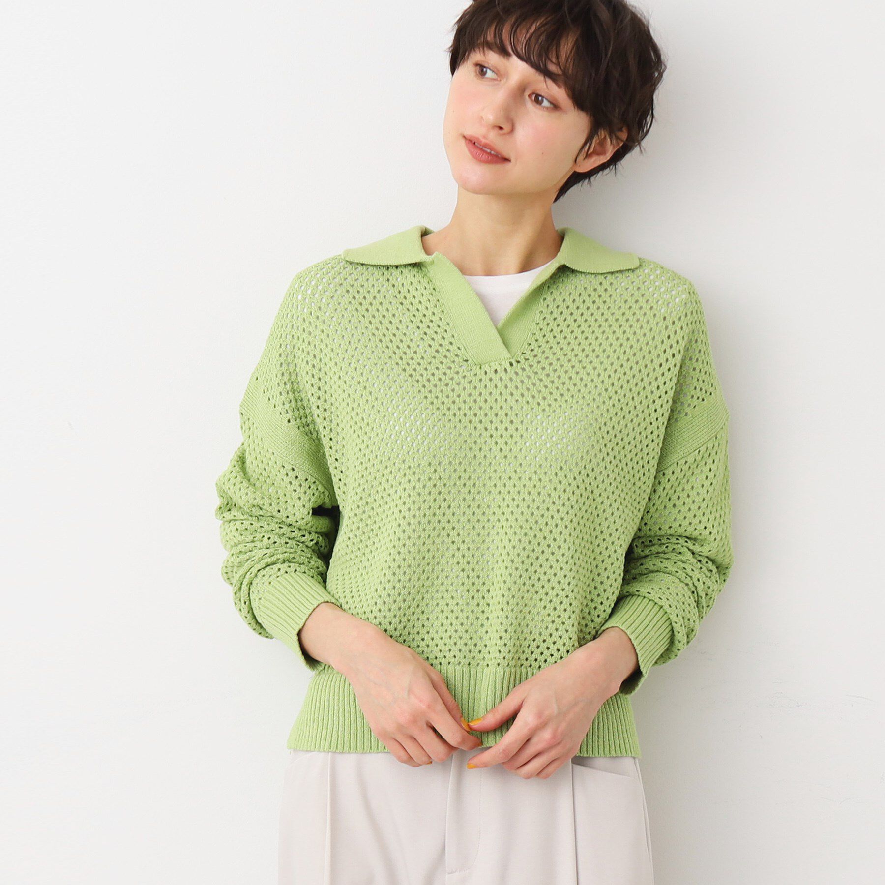 Dessin「【洗える】襟付きメッシュニット」|ニット・セーター|ミントグリーン(02