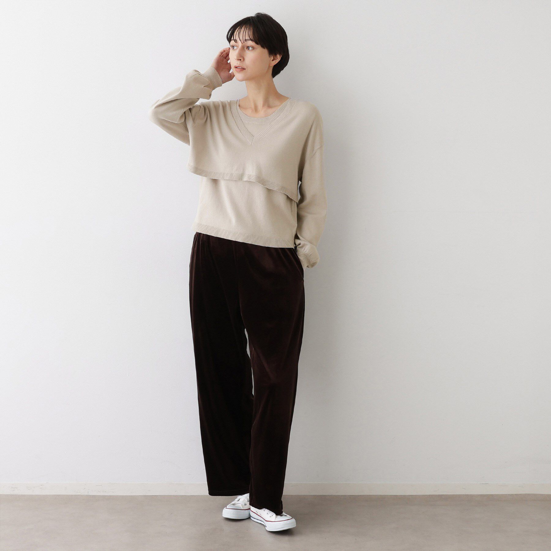 Dessin「【2点セット/3WAY/洗える】ノースリーブインナー付きVネックショート丈ニット」|ニット・セーター|