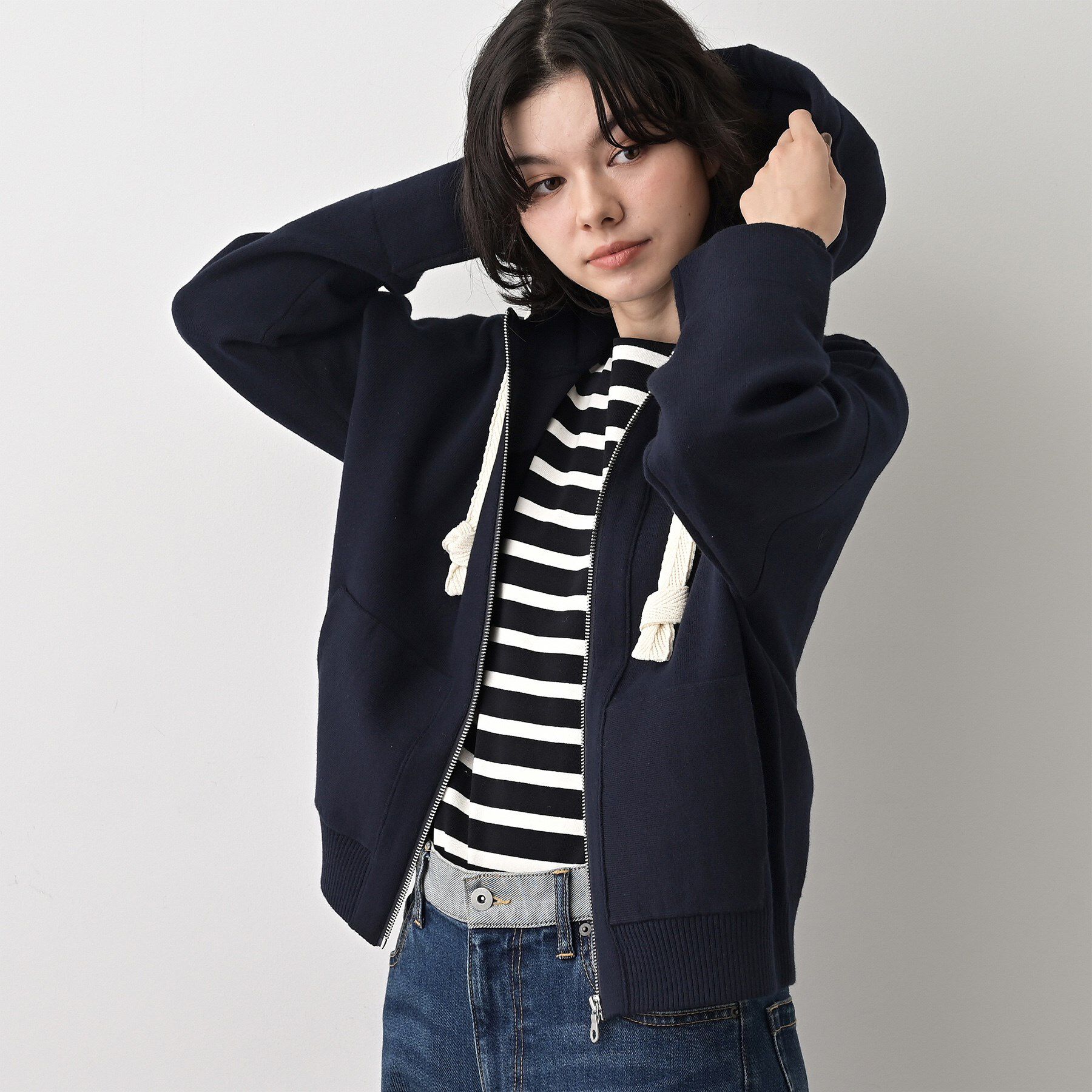 Dessin「【洗える】コットンカシミヤブレンドフードジップカーディガン」|パーカー|ネイビー(094)