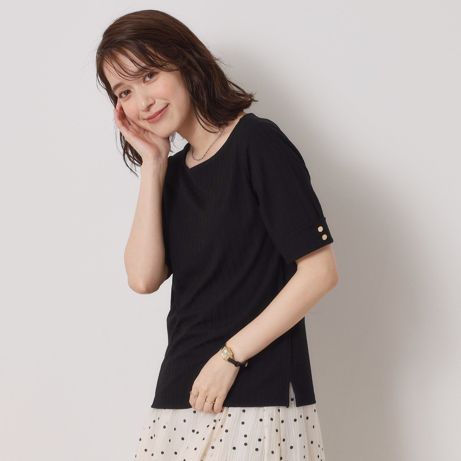 ITS&rsquo;DEMO「【手洗い可】ランダムテレコ袖釦プルオーバー」|Tシャツ・カットソー|ブラック(019)