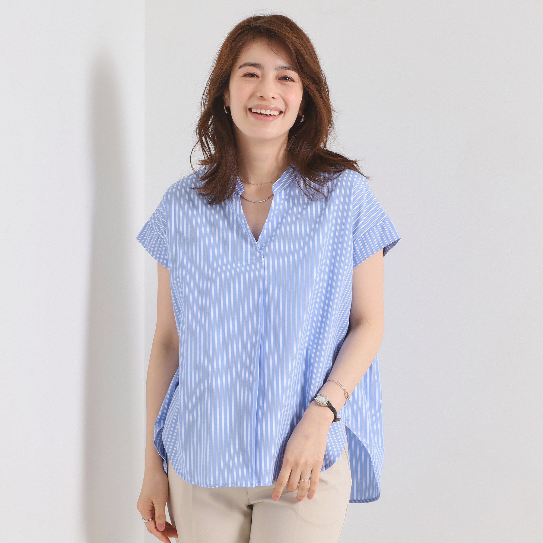 ITS&rsquo;DEMO「【接触冷感／手洗い可】ストライプバックギャザーブラウス」|シャツ・ブラウス|