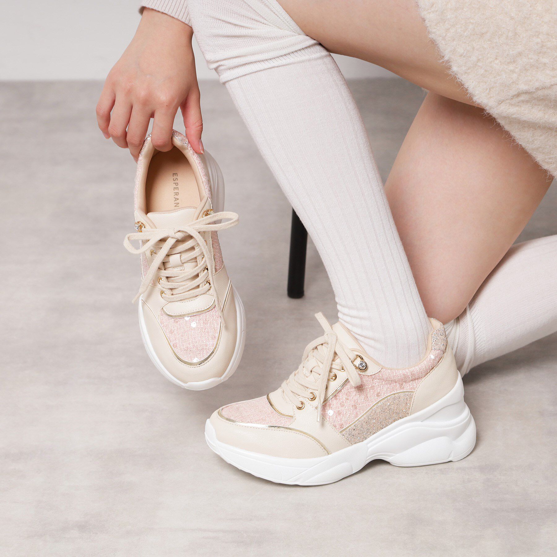 ESPERANZA「【EC先行販売】グリッター&times;ツイード ラインストーンスニーカー」|スニーカー|