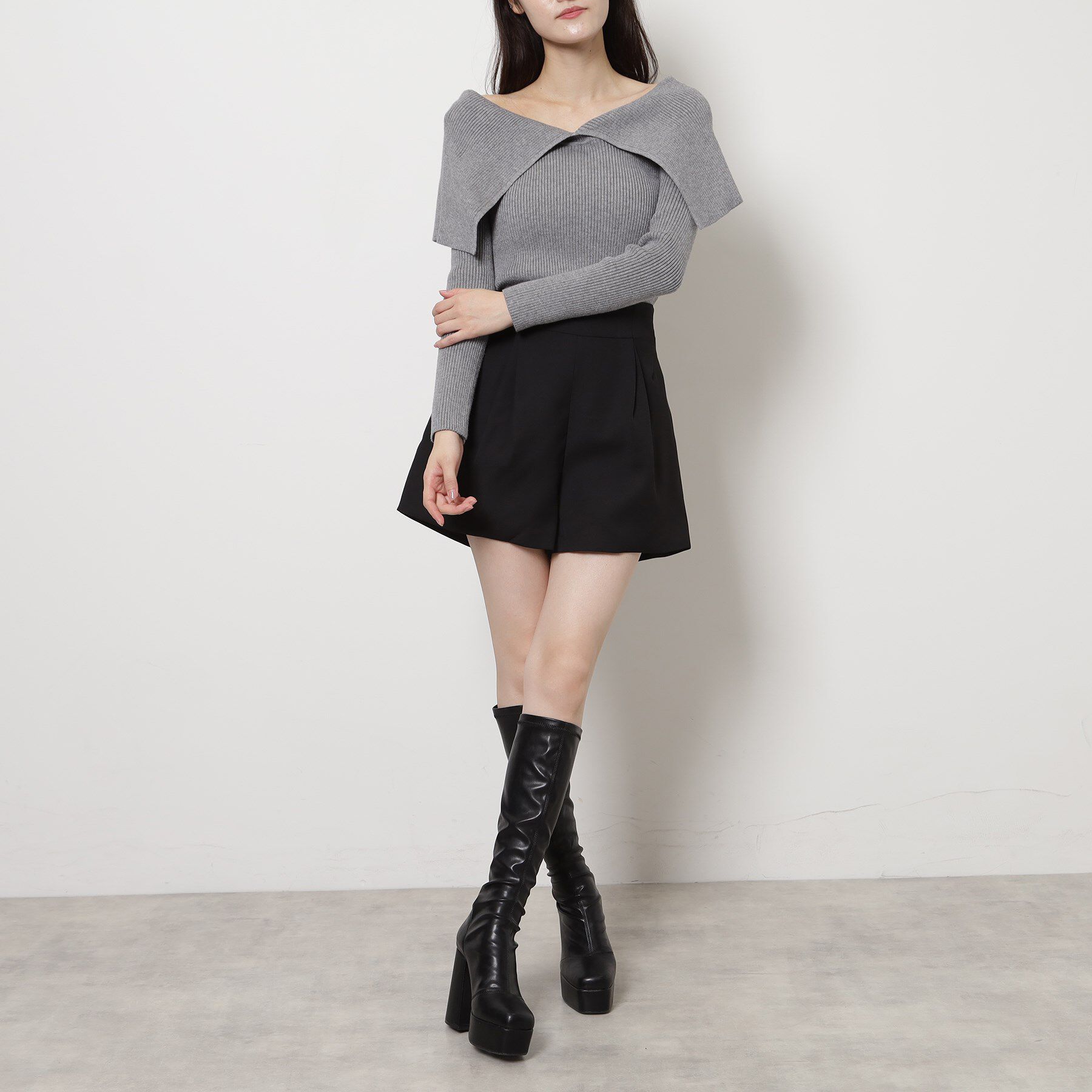 ESPERANZA「【ラク盛り／ロングブーツ】リピーター続出／脚長美脚 スクエアニットカバー付きロングブーツ」|ショートブーツ|