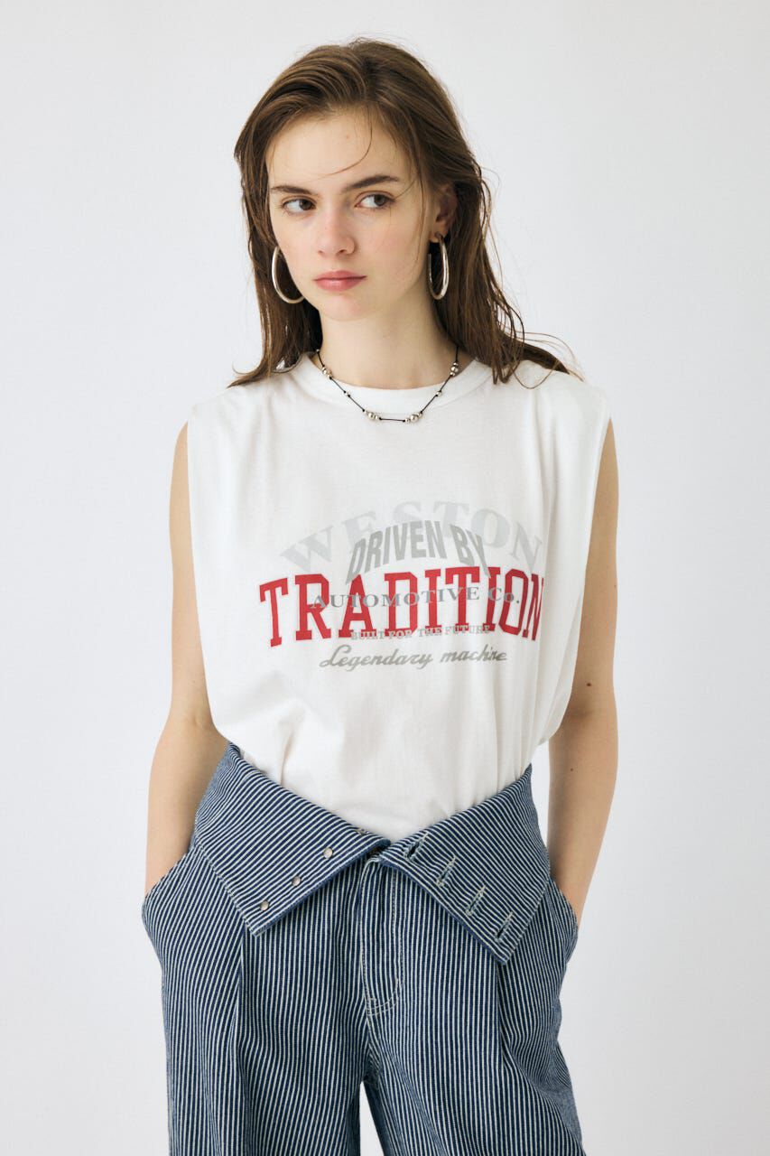 MOUSSY「OVERLAPPING LOGOS ノースリーブ TEE」|タンクトップ|O/WHT1