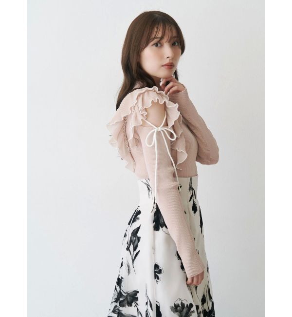 MERCURYDUO「異素材プリーツラッフルリブニット」|ニット・セーター|ベージュ