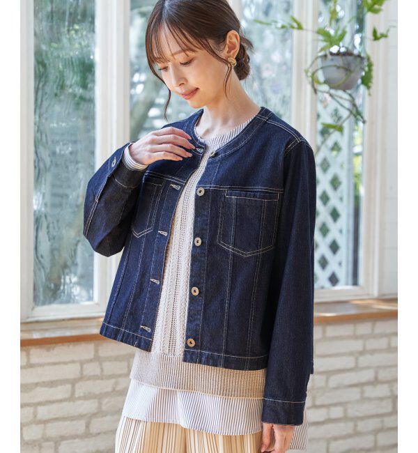 ikka「ストレッチデニムノーカラーシャウター【親子コーデ】」|ブルゾン・スタジャン|