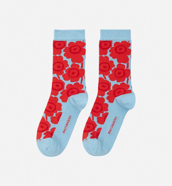 Marimekko「Linjaus Unikko ソックス」|ソックス|レッド&times;ブルー
