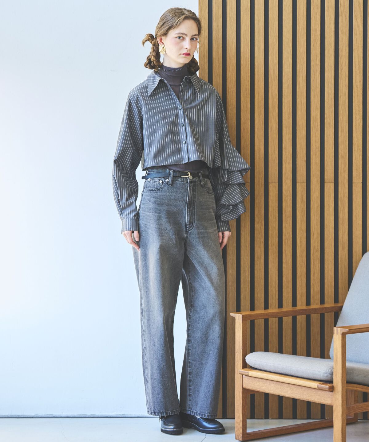 アンドクチュール「ストライプアシメフリルクロップドシャツ」|シャツ・ブラウス|