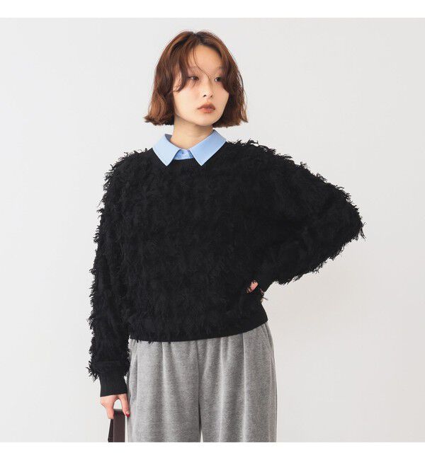 Ray BEAMS 「カット ジャカード フリンジ クルーネック ニット」|ニット・セーター|BLACK