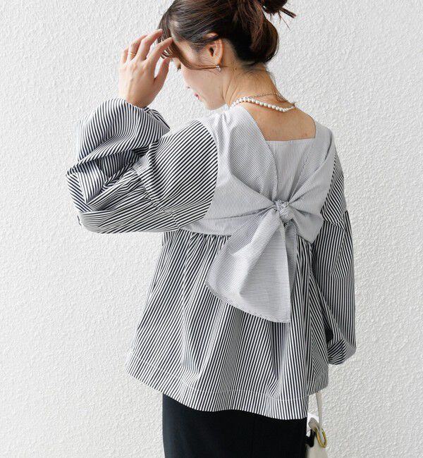 SHIPS for women「【WEB限定】〈手洗い可能〉前後 2WAY リボン デザイン ストライプ ブラウス」|シャツ・ブラウス|オフホワイト