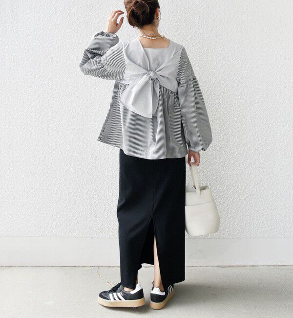 SHIPS for women「【WEB限定】〈手洗い可能〉前後 2WAY リボン デザイン ストライプ ブラウス」|シャツ・ブラウス|