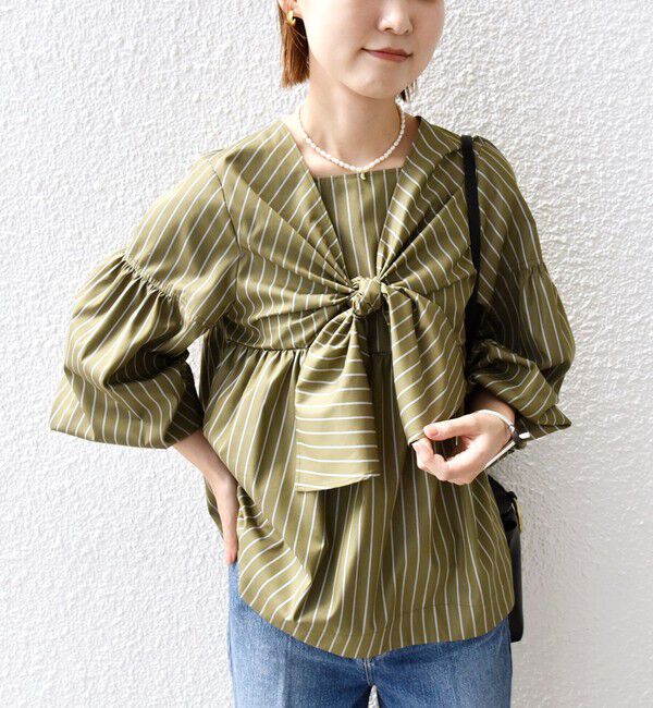 SHIPS for women「【WEB限定】〈手洗い可能〉前後 2WAY リボン デザイン ストライプ ブラウス」|シャツ・ブラウス|カーキ