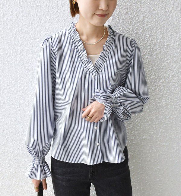 SHIPS for women「【WEB限定】〈手洗い可能〉 シャーリング Vネック 長袖 ブラウス」|シャツ・ブラウス|