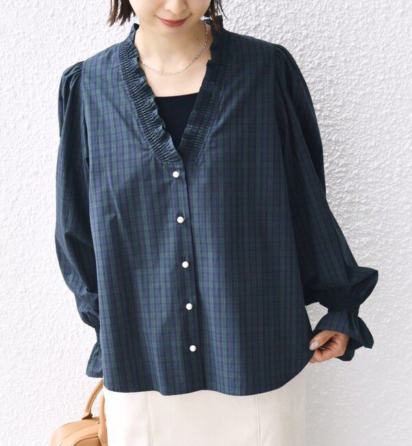 SHIPS for women「【WEB限定】〈手洗い可能〉 シャーリング Vネック 長袖 ブラウス」|シャツ・ブラウス|ダークグリーン