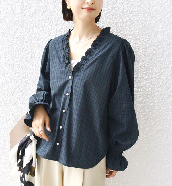 SHIPS for women「【WEB限定】〈手洗い可能〉 シャーリング Vネック 長袖 ブラウス」|シャツ・ブラウス|