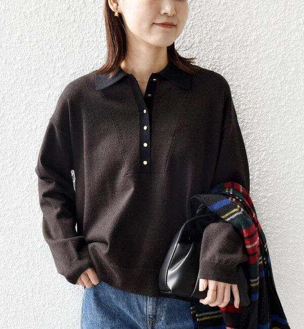 SHIPS for women「【WEB限定】〈手洗い可能〉サイド スリット ゴールド 釦 ポロ ニット」|ニット・セーター|