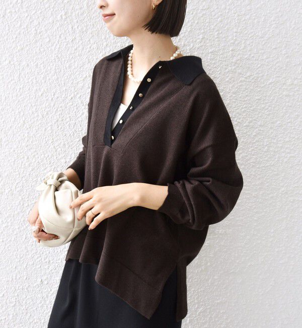 SHIPS for women「【WEB限定】〈手洗い可能〉サイド スリット ゴールド 釦 ポロ ニット」|ニット・セーター|