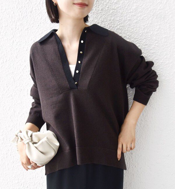 SHIPS for women「【WEB限定】〈手洗い可能〉サイド スリット ゴールド 釦 ポロ ニット」|ニット・セーター|