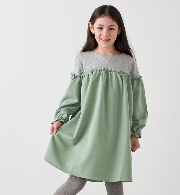SHIPS any「SHIPS any:〈洗濯機可能〉ボーダー/ソリッド 切り替え ワンピース<KIDS>」|ワンピース|ライトグリーン