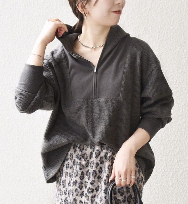 SHIPS any「SHIPS any:〈手洗い可能〉起毛 ワッフル ハーフジップ フーディー プルオーバー」|Tシャツ・カットソー|チャコールグレー