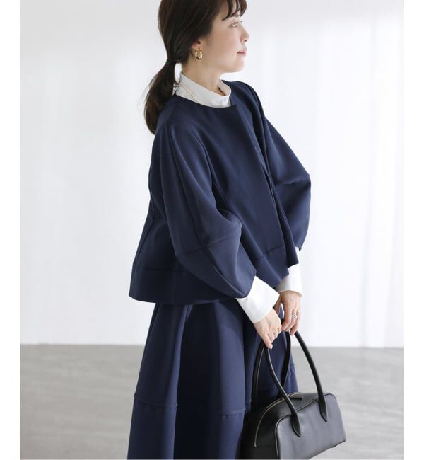  「【洗える】ボンディングショートペプラムジャケット」|ノーカラージャケット|