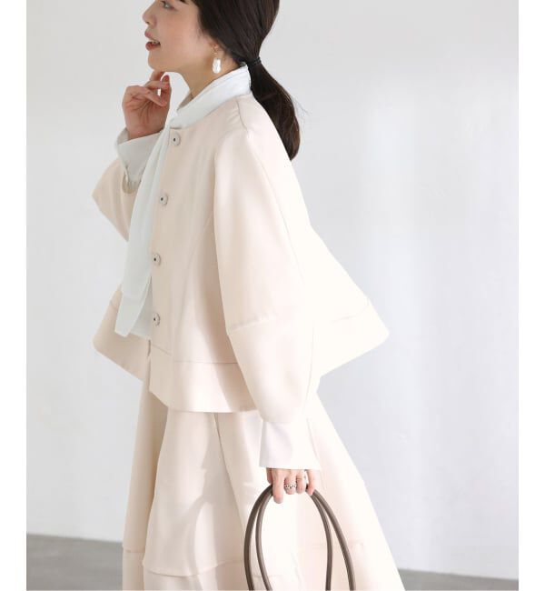  「【洗える】ボンディングショートペプラムジャケット」|ノーカラージャケット|