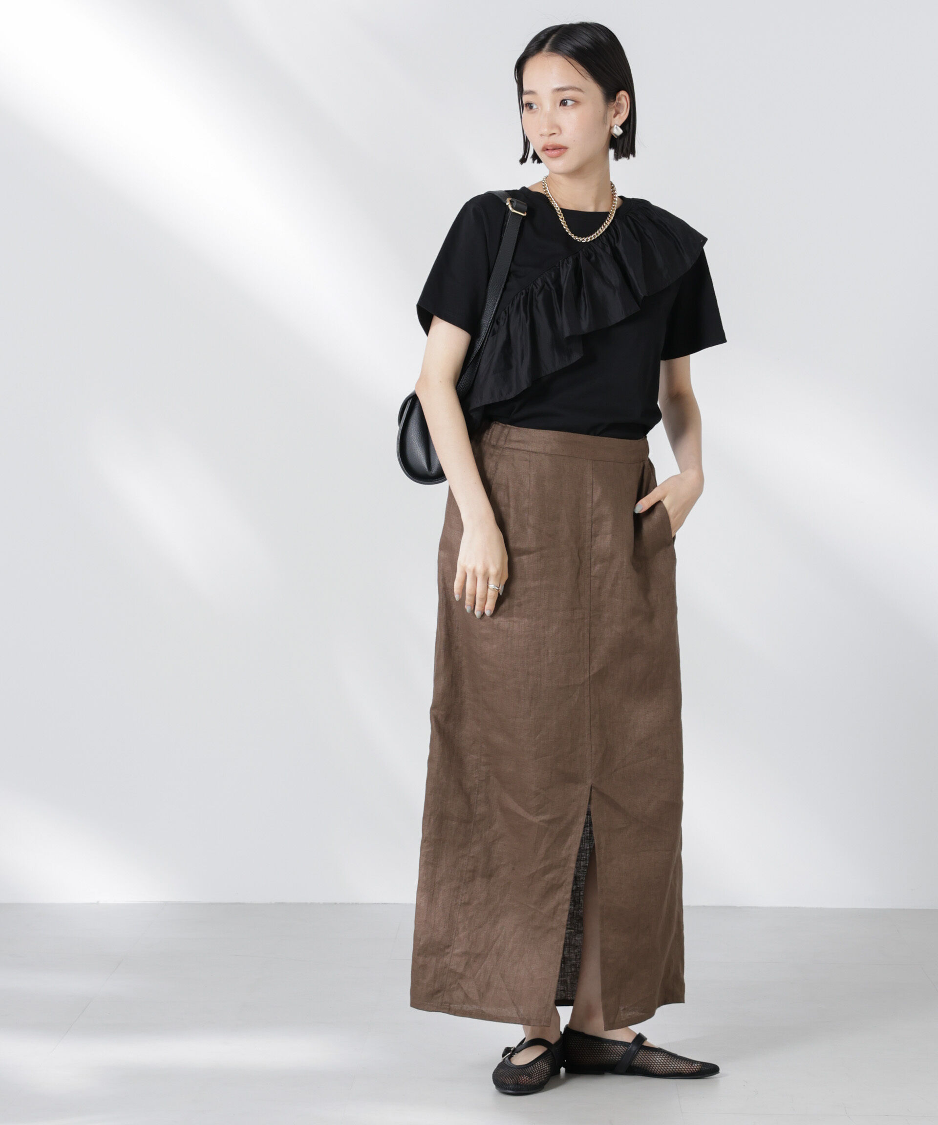 nano･universe「アシンメトリーフリル異素材コンビTシャツ」|Tシャツ・カットソー|