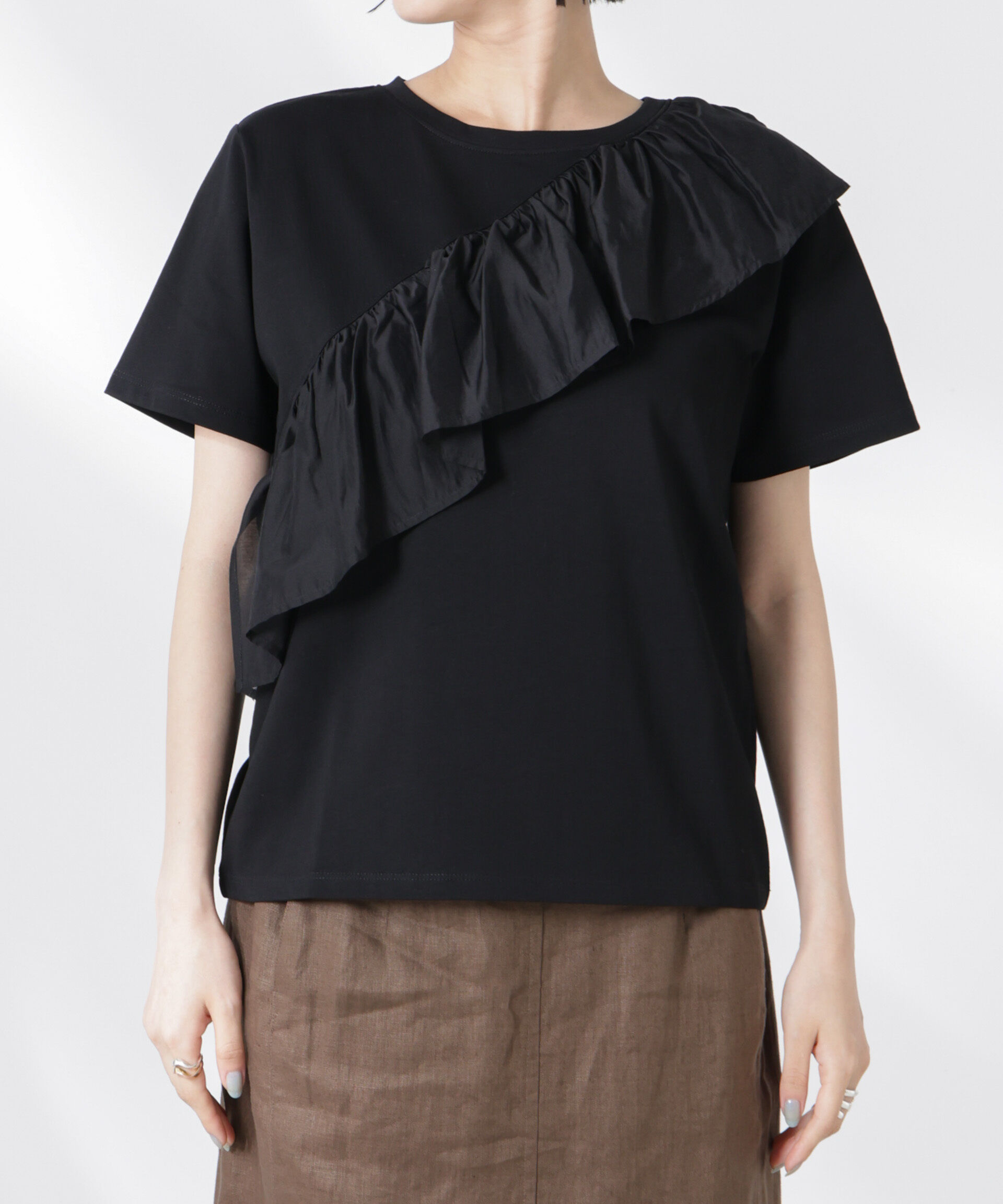 nano･universe「アシンメトリーフリル異素材コンビTシャツ」|Tシャツ・カットソー|