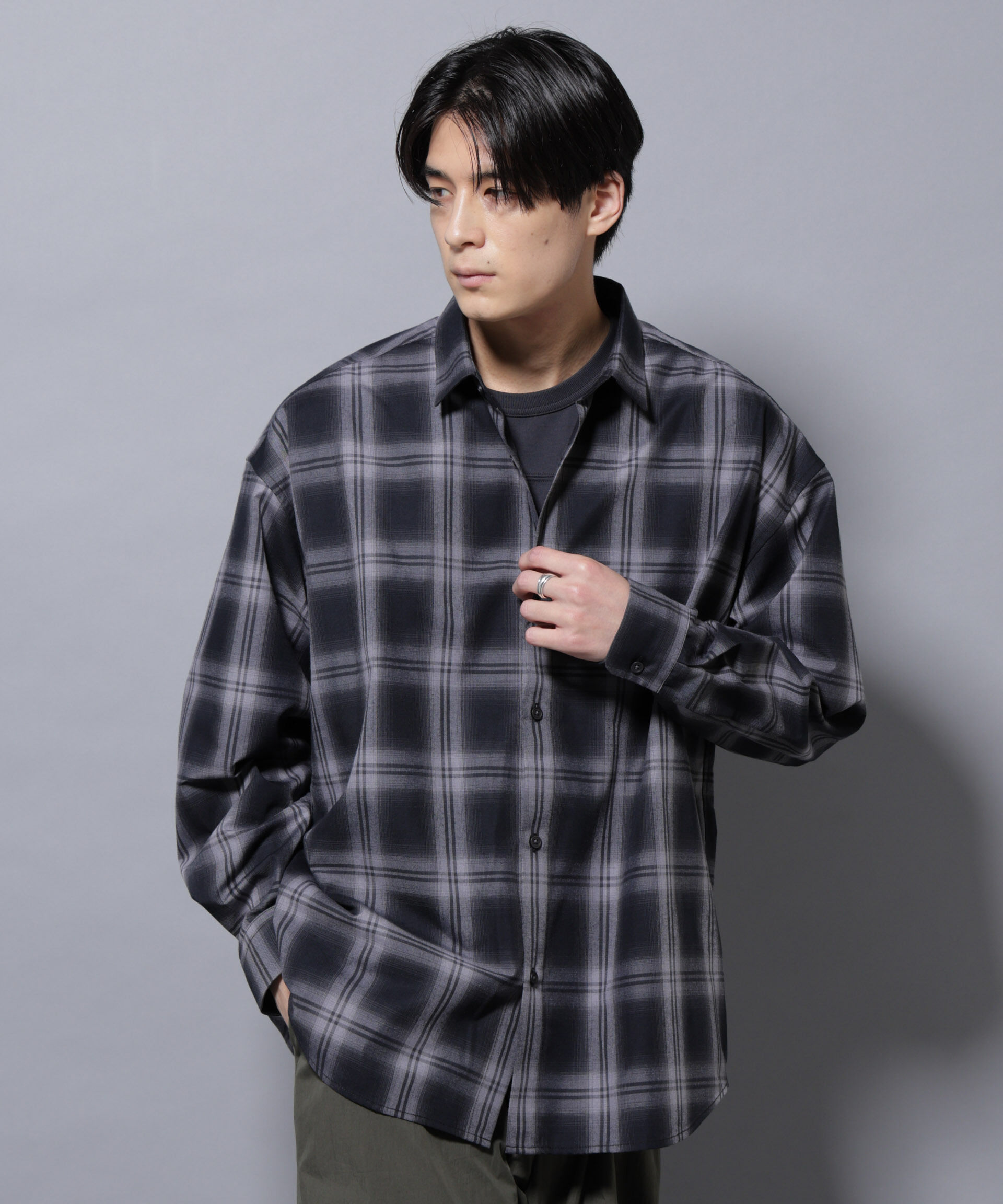 nano･universe「ビッグドレープチェックシャツ 長袖」|シャツ・ブラウス|ブラック