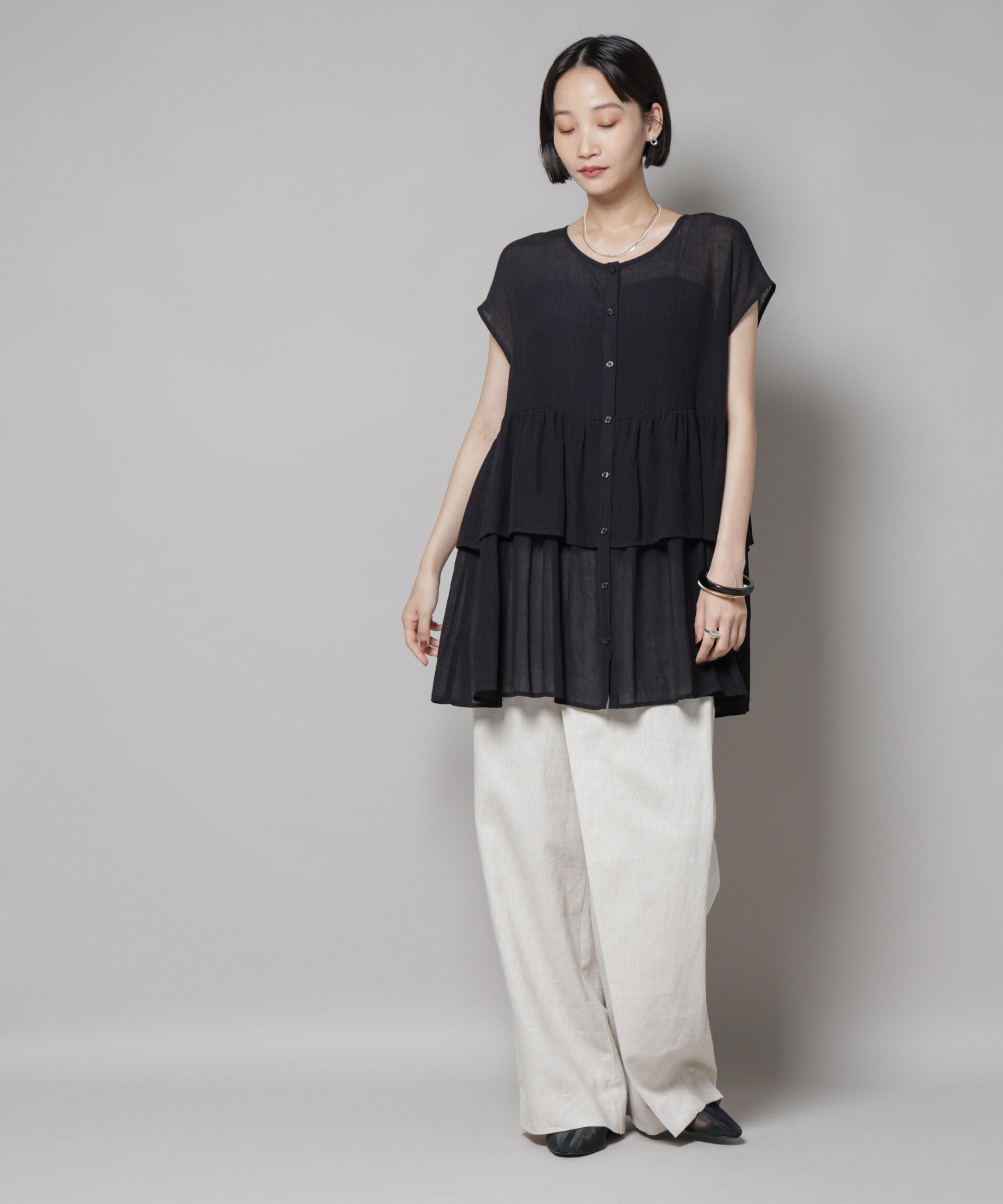 nano･universe「前後2wayシアー楊柳ノースリーブティアードブラウス」|シャツ・ブラウス|