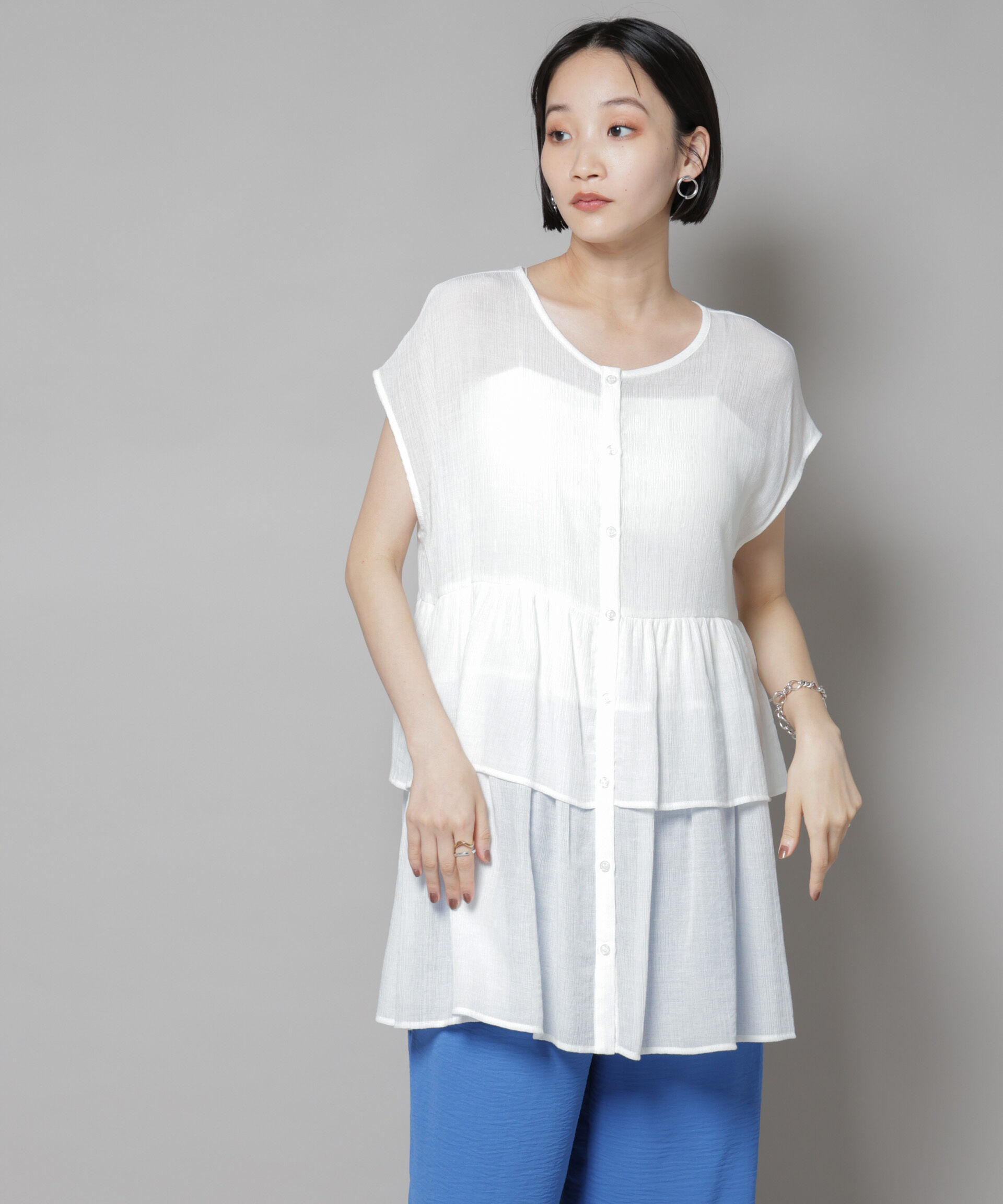 nano･universe「前後2wayシアー楊柳ノースリーブティアードブラウス」|シャツ・ブラウス|ホワイト