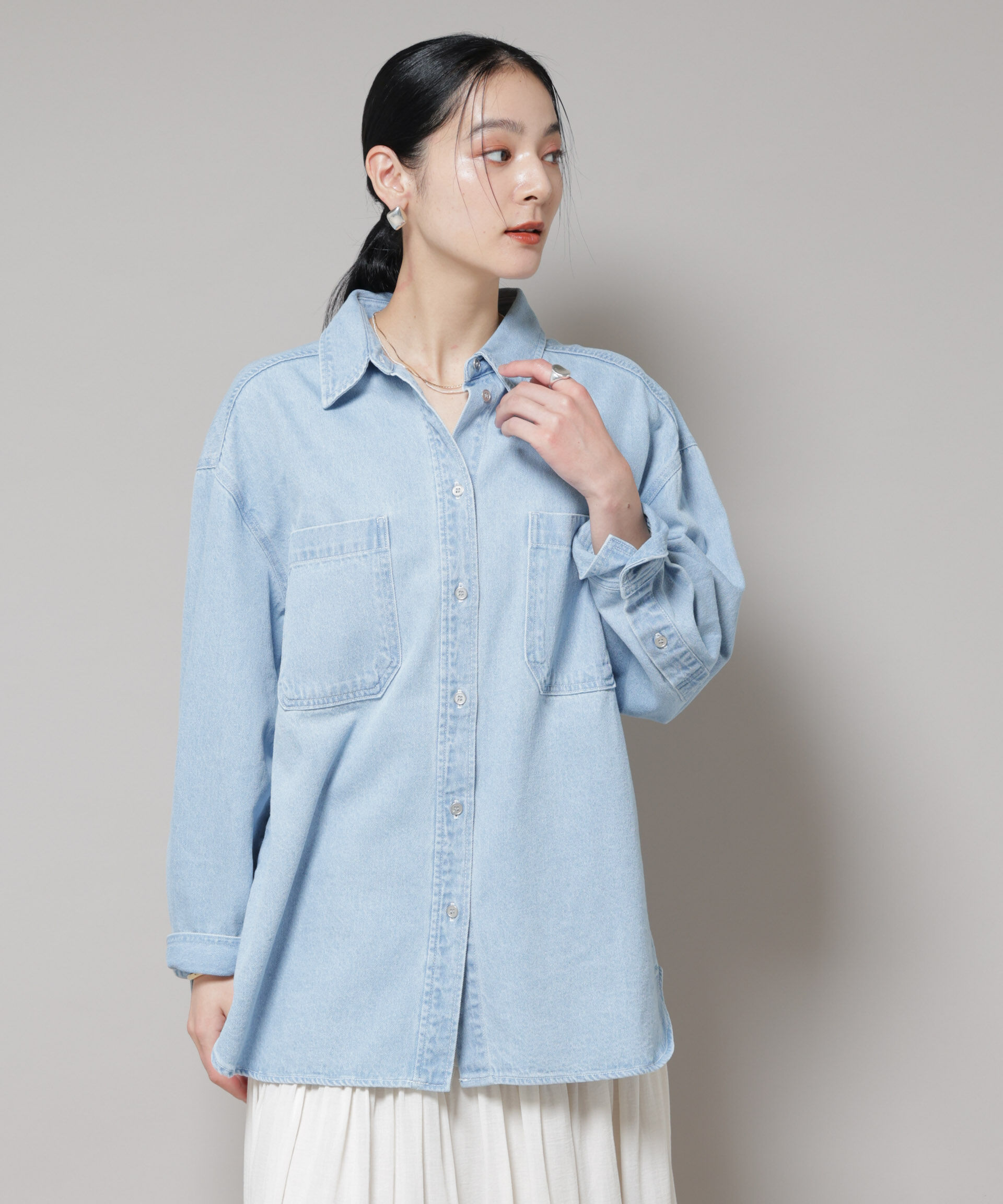 nano･universe「刺繍入りデニムワイドシャツ(セットアップ可)」|シャツ・ブラウス|