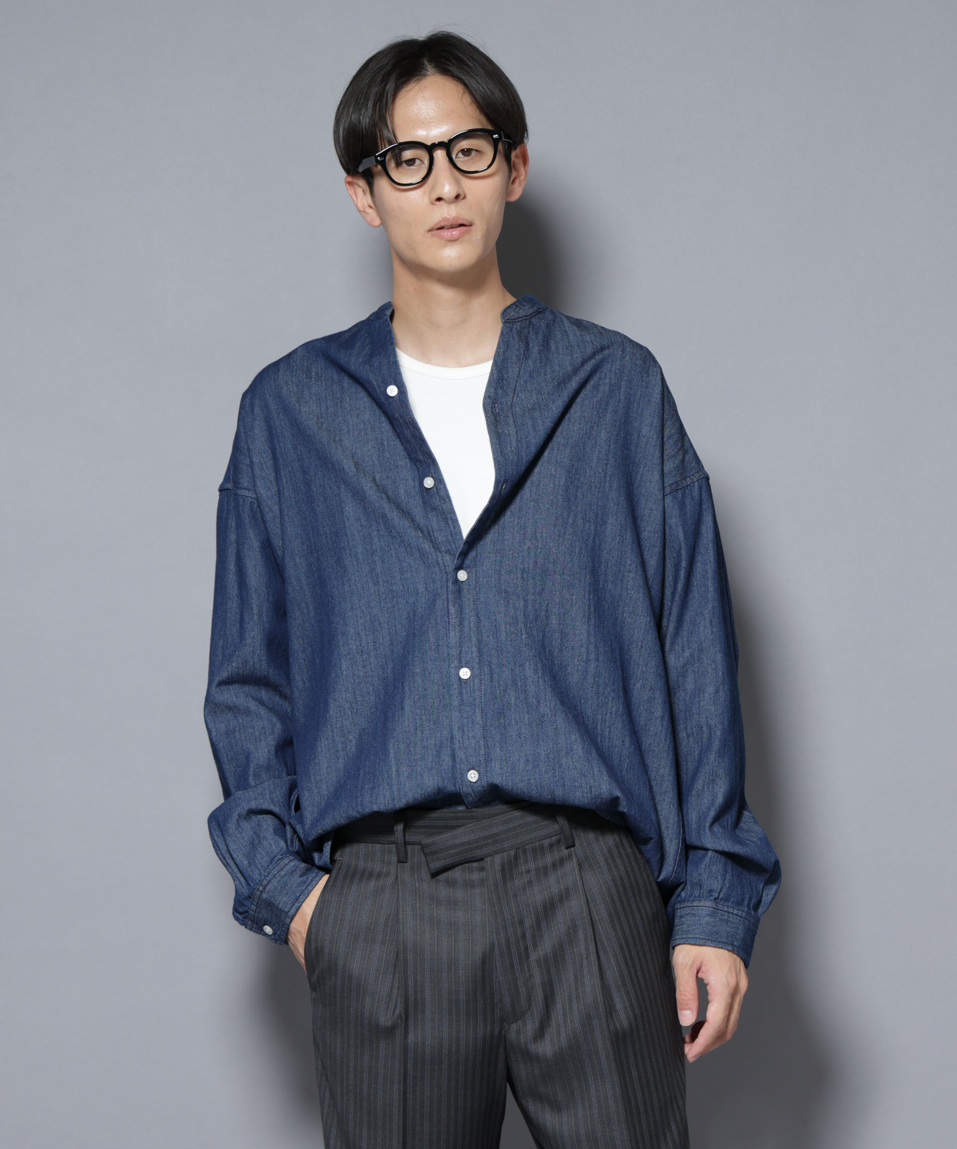 nano･universe「「大人のワイドシャツ」バンドカラーデニム 長袖」|シャツ・ブラウス|