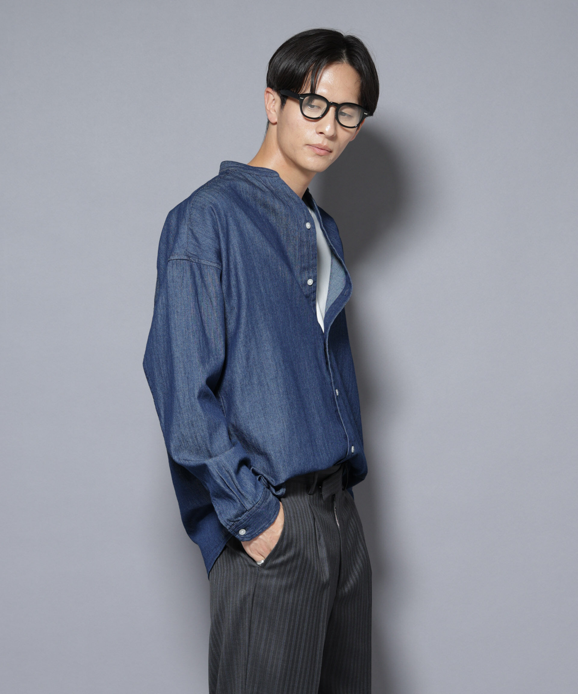 nano･universe「「大人のワイドシャツ」バンドカラーデニム 長袖」|シャツ・ブラウス|