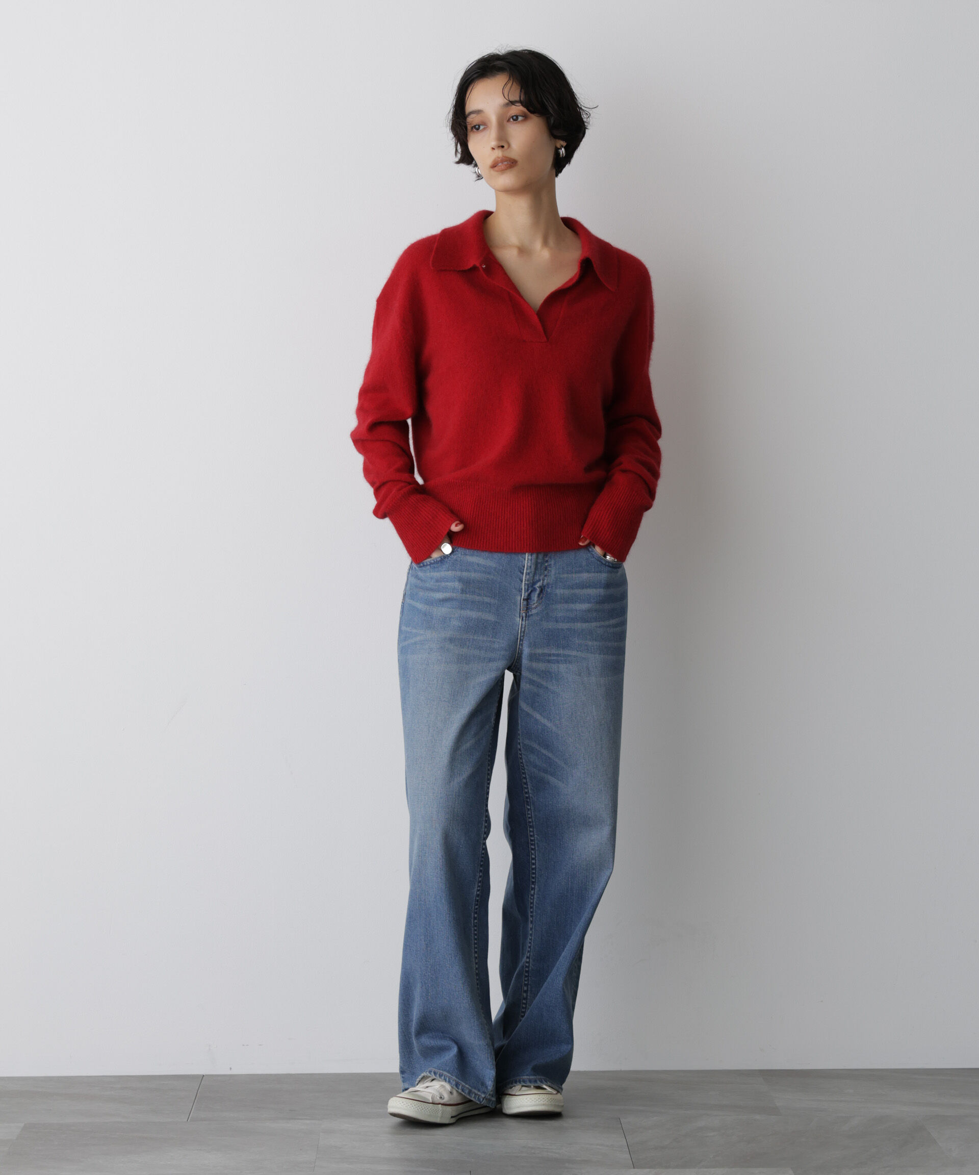  「「STEVELOUR」スキッパーポロ衿ソフトタッチニット」|ニット・セーター|