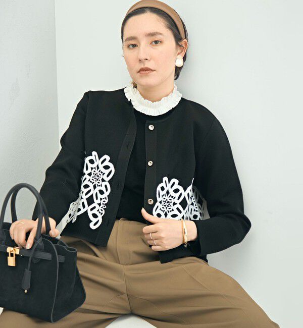 NOLLEY'S「レース付きクルーネックカーディガン」|カーディガン|