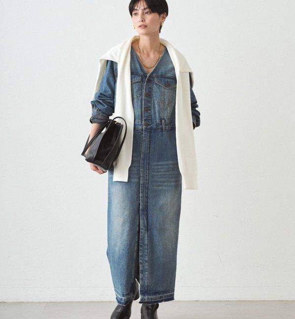  「ノーカラーデニムワンピース」|ワンピース|