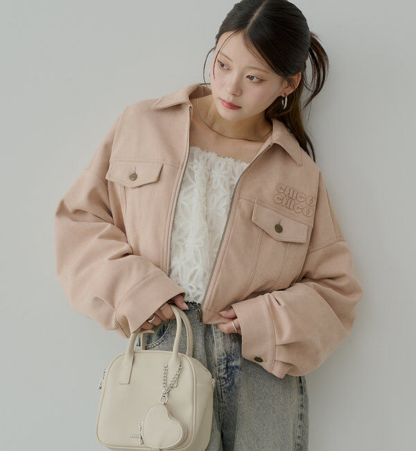  「【WEB限定/REVIVAL】胸ロゴショート丈スエードジップブルゾン」|ブルゾン・スタジャン|ピンク