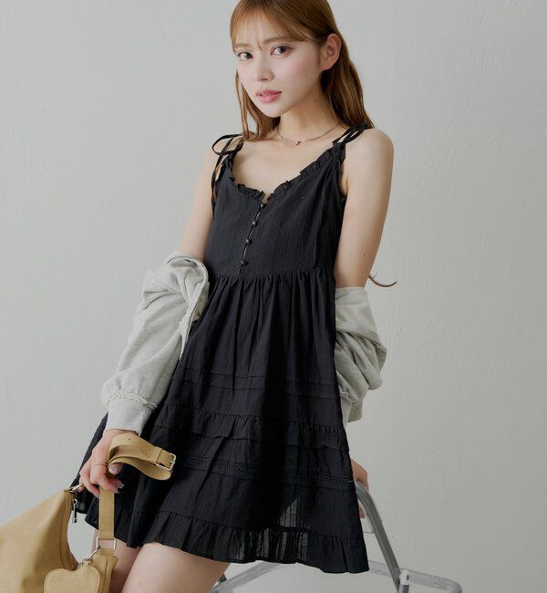  「【WEB限定追加】肩リボンコットンレースフリルキャミミニワンピ」|ワンピース|ブラック