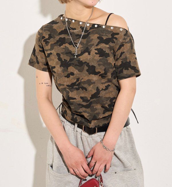  「アソート (カモ柄/ヒョウ柄)/ドット柄)スタッズドロストワンショルTEE」|Tシャツ・カットソー|