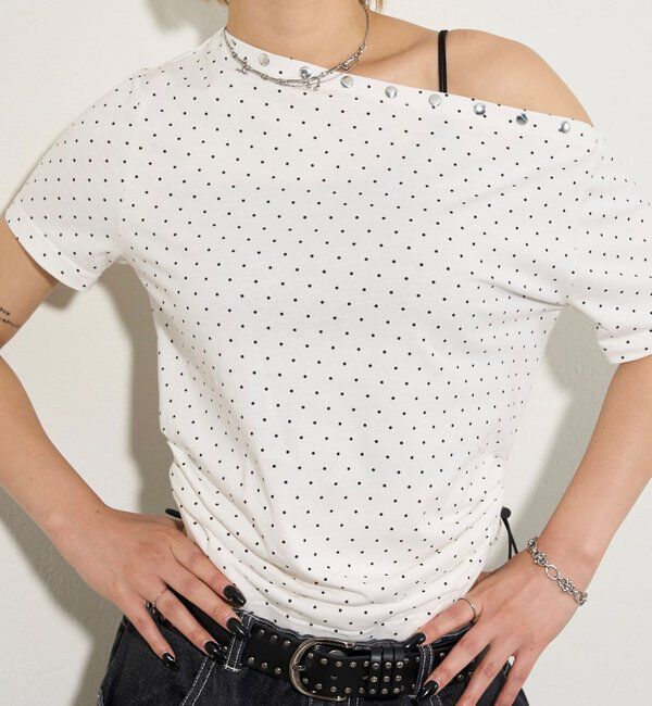  「アソート (カモ柄/ヒョウ柄)/ドット柄)スタッズドロストワンショルTEE」|Tシャツ・カットソー|