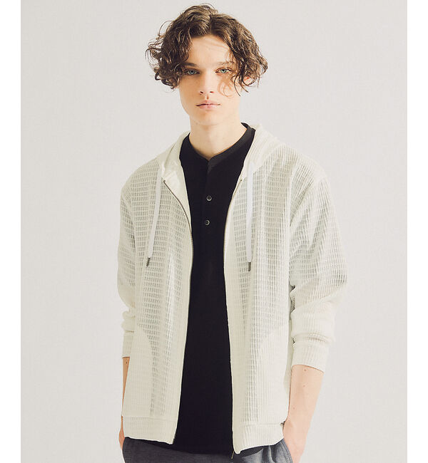 ABAHOUSE「ブロック柄メッシュ　ダブル ジップパーカー / シアーストレッチ」|パーカー|ホワイト