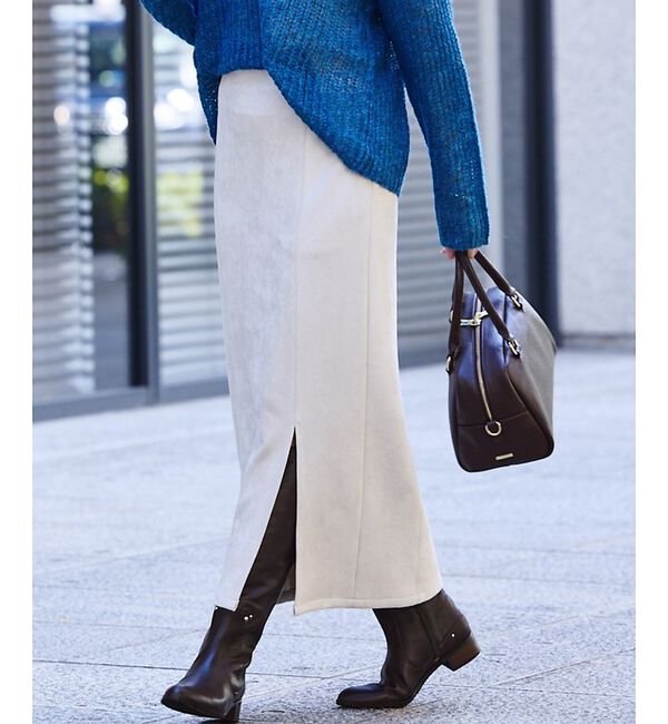 abahouse mavie「フェイクスウェード/フェイクレザースリットタイトスカート」|スカート|アイボリー