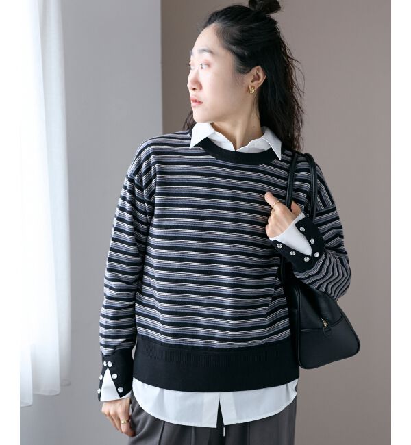  「スリーブボタンクループルオーバー」|ニット・セーター|ブラック柄