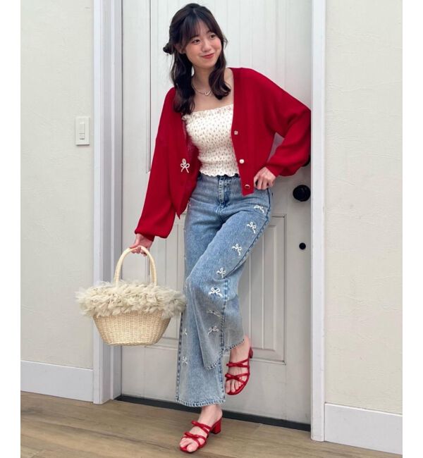 MAJESTICLEGON「リボンビジューデニムパンツ」|デニム|サックス