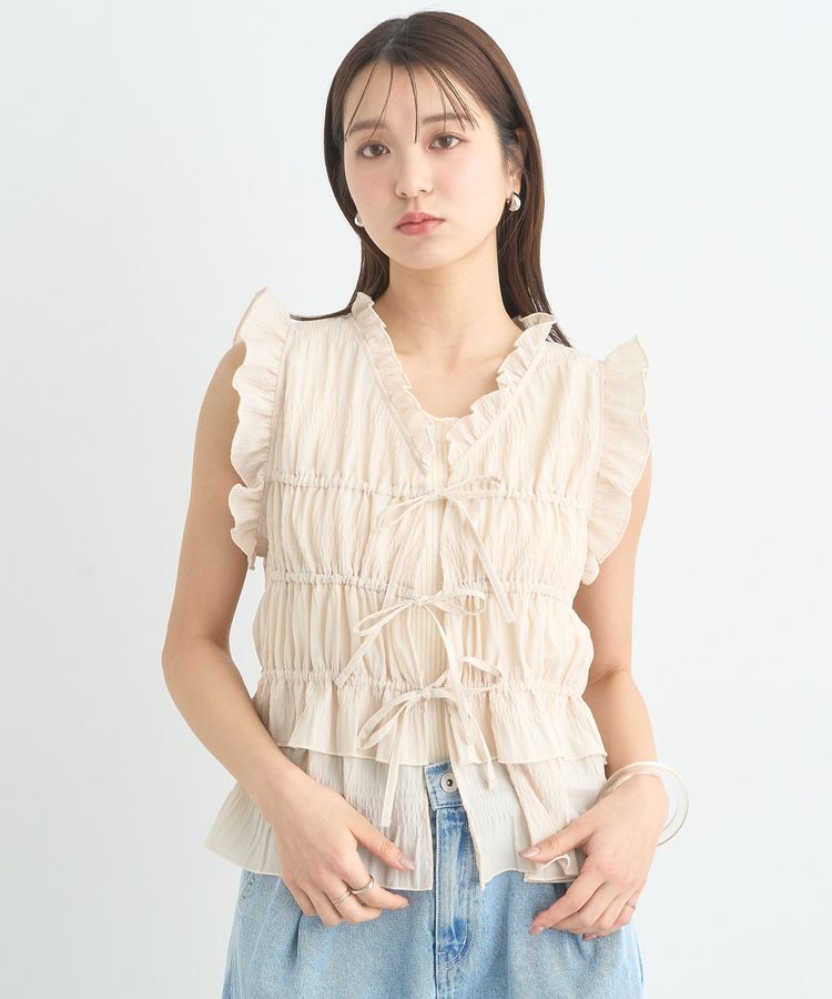 earth music&ecology「フロントリボンシャーリングベスト」|ベスト・ジレ|Ivory