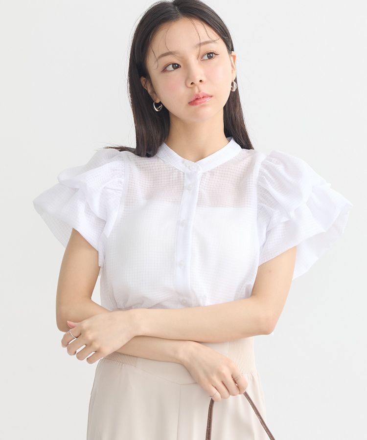 earth music&ecology「ミニチェックバルーンスリーブブラウス」|シャツ・ブラウス|Off White